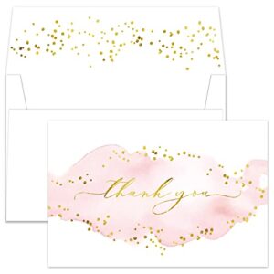 gooji 4x6 gold foil watercolor pink thank you cards (bulk 20-pack) matching peel-and-seal white envelopes, baby shower, bridal shower, wedding, engagement, graduation, blank notes