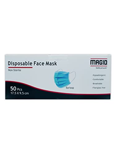 MAGID 3 Ply Disposable Face Mask with Adjustable Nose Bridge - Pack of 50 Masks - Breathable 3 Layer Face Mask Covers with Elastic String Earloops (MM005)