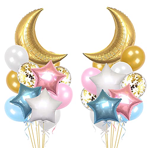 34 PCS Twinkle Little Star Baby Shower Birthday Party Decoration,Moon and Star Mylar Balloons for Gender Reveal Party,Blue Pink White Gold Confetti Latex Balloons