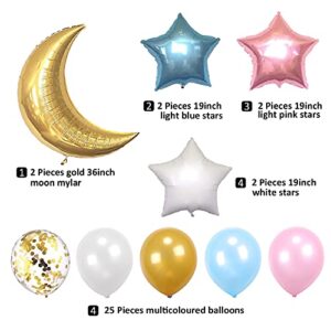 34 PCS Twinkle Little Star Baby Shower Birthday Party Decoration,Moon and Star Mylar Balloons for Gender Reveal Party,Blue Pink White Gold Confetti Latex Balloons