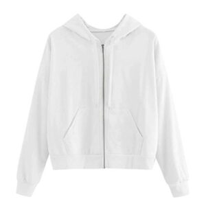 esknas women hoodies autumn solid long sleeve short hooded sweatshirt zipper pocket hoody jacket(c white,s)