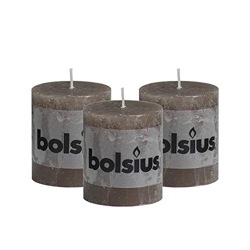 BOLSIUS Rustic Taupe Unscented Pillar Candles - 2.75" X 3.25" Decoration Candles Set of 3 - Clean Burning Dripless Dinner Candles for Wedding & Home Decor Party Restaurant Spa- Aprox (80x68m)