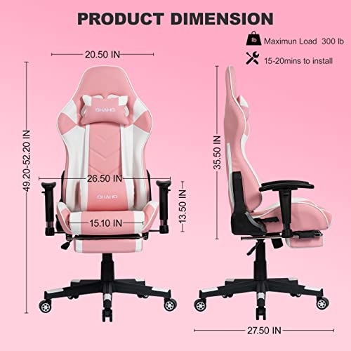 OHAHO Gaming Chair Racing Style Office Chair Adjustable Massage Lumbar Cushion Swivel Rocker Recliner Leather High Back Ergonomic Computer Desk Chair with Retractable Arms and Footrest (Pink/White)