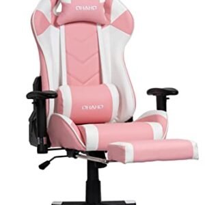 OHAHO Gaming Chair Racing Style Office Chair Adjustable Massage Lumbar Cushion Swivel Rocker Recliner Leather High Back Ergonomic Computer Desk Chair with Retractable Arms and Footrest (Pink/White)