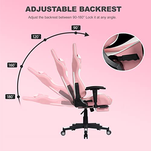 OHAHO Gaming Chair Racing Style Office Chair Adjustable Massage Lumbar Cushion Swivel Rocker Recliner Leather High Back Ergonomic Computer Desk Chair with Retractable Arms and Footrest (Pink/White)