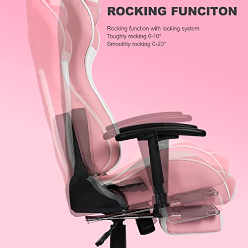 OHAHO Gaming Chair Racing Style Office Chair Adjustable Massage Lumbar Cushion Swivel Rocker Recliner Leather High Back Ergonomic Computer Desk Chair with Retractable Arms and Footrest (Pink/White)