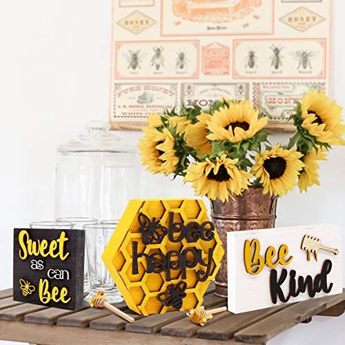 Huray Rayho Bee Wooden Sign Tiered Tray Decor Set of 5, Bee Happy Honeycomb 3D Letter Raised Laser Engrave Wood Block Bundle Honey Dippers Spring Summer Farmhouse Home Kitchen Bookshelf Table Decor