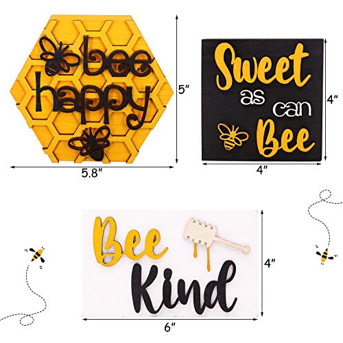 Huray Rayho Bee Wooden Sign Tiered Tray Decor Set of 5, Bee Happy Honeycomb 3D Letter Raised Laser Engrave Wood Block Bundle Honey Dippers Spring Summer Farmhouse Home Kitchen Bookshelf Table Decor