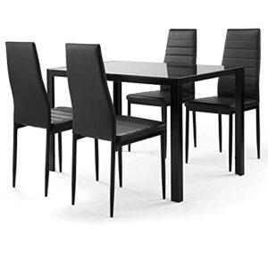 5-piece dining table set with 4 faux leather chairs, tempered glass tabletop size 47.25" x 27.5", black