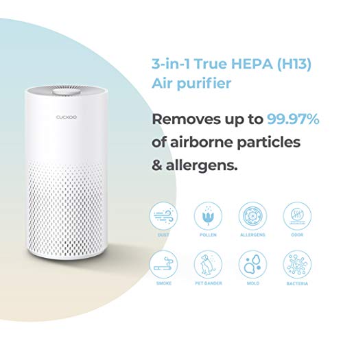 CUCKOO Air Purifier with 3-Stage H13 True HEPA Filter for Bedroom and Office (227 sq. ft.), Activated Carbon Filters 99.97% Odors, Smoke, Dust, Pollen, Pet Dander, Modes, LED, White, CAC-10510FW
