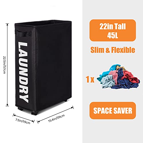 Caroeas 22" Rolling Slim Laundry Basket with Stand Foldable Waterproof Sorter and Organizer on Wheels Tall Thin Dirty Laundry Hamper Basket Home Corner Bin (Slim 22",Black)