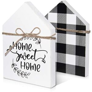 double-sided home sweet home sign for shelf decorations - black and white buffalo plaid decor farmhouse - small house shaped wood block signs with sayings - country decor for table or fireplace mantle
