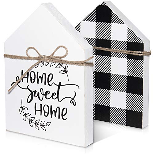 Double-Sided Home Sweet Home Sign for Shelf Decorations - Black and White Buffalo Plaid Decor Farmhouse - Small House Shaped Wood Block Signs with Sayings - Country Decor for Table or Fireplace Mantle