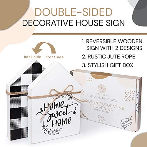 Double-Sided Home Sweet Home Sign for Shelf Decorations - Black and White Buffalo Plaid Decor Farmhouse - Small House Shaped Wood Block Signs with Sayings - Country Decor for Table or Fireplace Mantle