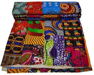 maviss homes beautiful indian traditional patchwork super soft cotton double kantha quilt | throw blanket bedspreads | cozy blanket quilt | easy machine washable and dryable; multicolour