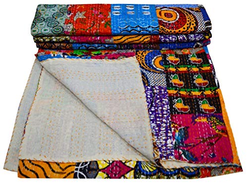 Maviss Homes Beautiful Indian Traditional Patchwork Super Soft Cotton Double Kantha Quilt | Throw Blanket Bedspreads | Cozy Blanket Quilt | Easy Machine Washable and Dryable; Multicolour