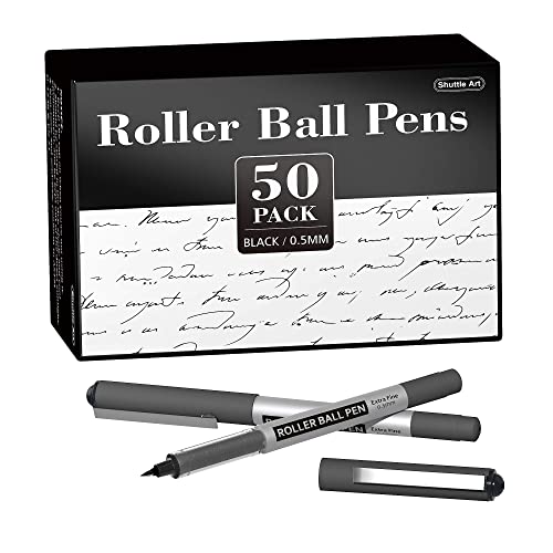 Shuttle Art RollerBall Pens, 50 Pack Black Fine Point Roller Ball Pens, 0.5mm Liquid Ink Pens for Writing Journaling Taking Notes School Office