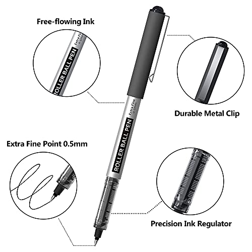 Shuttle Art RollerBall Pens, 50 Pack Black Fine Point Roller Ball Pens, 0.5mm Liquid Ink Pens for Writing Journaling Taking Notes School Office