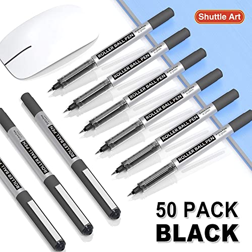 Shuttle Art RollerBall Pens, 50 Pack Black Fine Point Roller Ball Pens, 0.5mm Liquid Ink Pens for Writing Journaling Taking Notes School Office