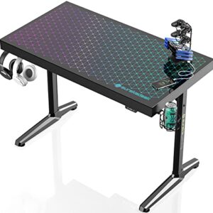 EUREKA ERGONOMIC RGB LED Gaming Desk, Music Sync Lights Up Tempered Glass Desktop, 43" GTG I43 Home Office Computer Table W Controller Rack 4 USB Charging Ports, APP Control