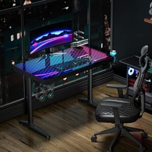 EUREKA ERGONOMIC RGB LED Gaming Desk, Music Sync Lights Up Tempered Glass Desktop, 43" GTG I43 Home Office Computer Table W Controller Rack 4 USB Charging Ports, APP Control