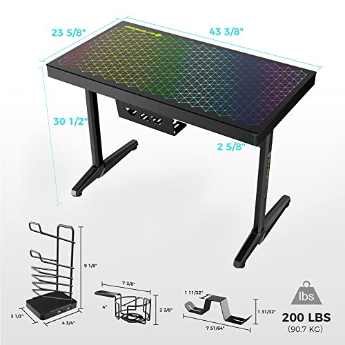 EUREKA ERGONOMIC RGB LED Gaming Desk, Music Sync Lights Up Tempered Glass Desktop, 43" GTG I43 Home Office Computer Table W Controller Rack 4 USB Charging Ports, APP Control