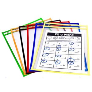 pdx reading specialist dry erase pocket sleeves - 6 assorted colors - oversized plastic sheet protectors - great for teachers, school, home & office, shop tickets and more