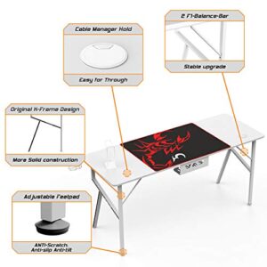 DESIGNA White Gaming Desk 63 inch, Large Gaming Tables Gamer Pc Workstation K Shaped Game Station with Free Mouse Pad, Gaming Handle Rack, Cup Holder and Headphone Hook, Carbon Fibre Surface