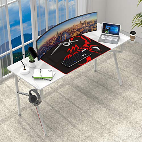 DESIGNA White Gaming Desk 63 inch, Large Gaming Tables Gamer Pc Workstation K Shaped Game Station with Free Mouse Pad, Gaming Handle Rack, Cup Holder and Headphone Hook, Carbon Fibre Surface