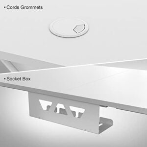 DESIGNA White Gaming Desk 63 inch, Large Gaming Tables Gamer Pc Workstation K Shaped Game Station with Free Mouse Pad, Gaming Handle Rack, Cup Holder and Headphone Hook, Carbon Fibre Surface