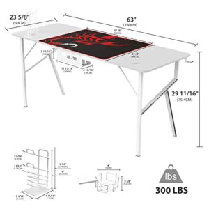 DESIGNA White Gaming Desk 63 inch, Large Gaming Tables Gamer Pc Workstation K Shaped Game Station with Free Mouse Pad, Gaming Handle Rack, Cup Holder and Headphone Hook, Carbon Fibre Surface