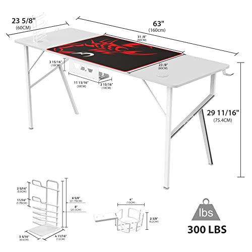 DESIGNA White Gaming Desk 63 inch, Large Gaming Tables Gamer Pc Workstation K Shaped Game Station with Free Mouse Pad, Gaming Handle Rack, Cup Holder and Headphone Hook, Carbon Fibre Surface