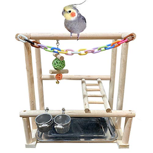 NAPURAL Bird Playground Bird Play Stand Cockatiel Playground Wood Perch Gym Playpen Ladder with Feeder Cups Toys Exercise Play (Include a Chewing Toy)