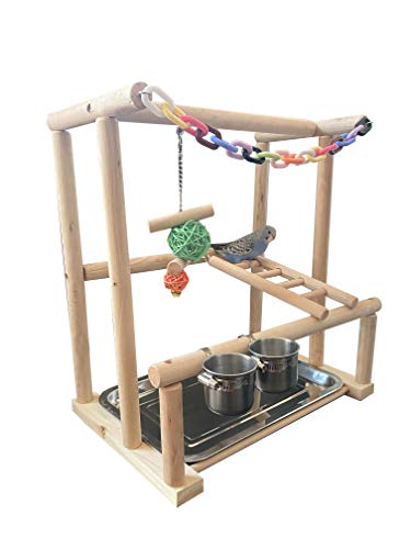 NAPURAL Bird Playground Bird Play Stand Cockatiel Playground Wood Perch Gym Playpen Ladder with Feeder Cups Toys Exercise Play (Include a Chewing Toy)