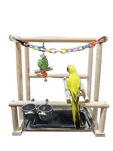 NAPURAL Bird Playground Bird Play Stand Cockatiel Playground Wood Perch Gym Playpen Ladder with Feeder Cups Toys Exercise Play (Include a Chewing Toy)