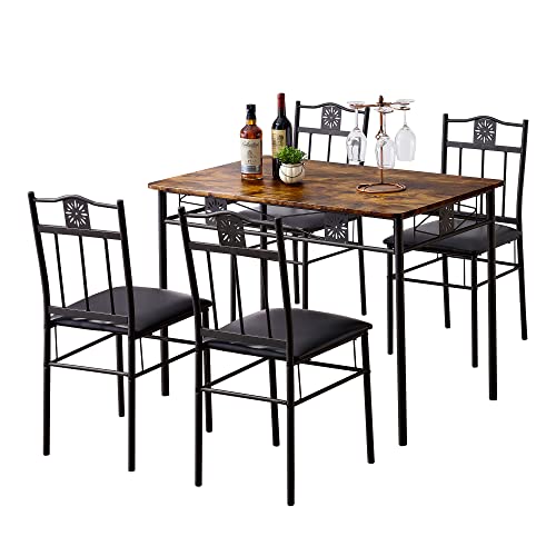 VECELO Dining Table Set with 4 Chairs, Retro Brown