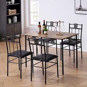 VECELO Dining Table Set with 4 Chairs, Retro Brown