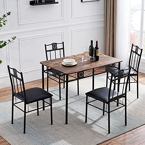 VECELO Dining Table Set with 4 Chairs, Retro Brown