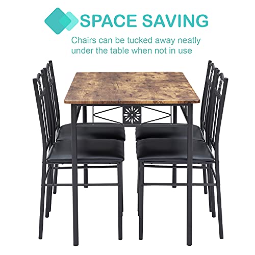 VECELO Dining Table Set with 4 Chairs, Retro Brown