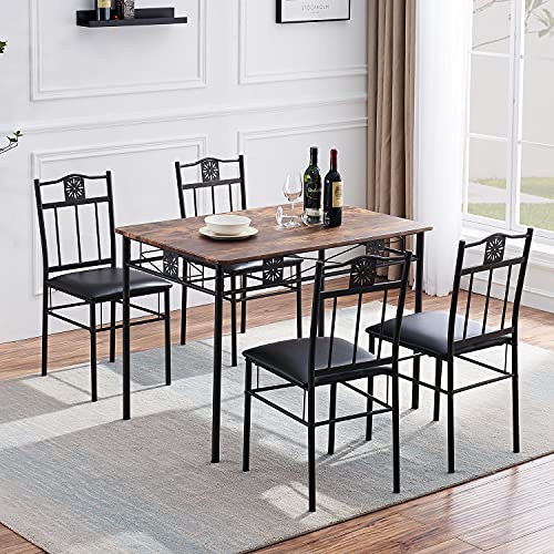 VECELO Dining Table Set with 4 Chairs, Retro Brown