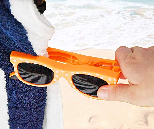 Themed Beach Towel Clips, Pool Towel Accessory, Portable Heavy-Duty Plastic Clamps, (Set of 2), Orange Sunglasses