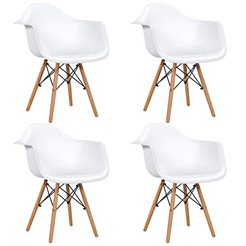 Giantex Dining Chairs Set of 4 White, Easily Assemble Modern Mid Century Dining Chairs with Wood Legs, Max Load to 330 Lbs, Plastic Kitchen Chairs with Arm for Dining Room