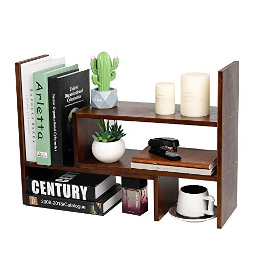 Desktop Organizer wood Office Storage Rack Adjustable Extendable Natural Wood Desktop Organizer Display Shelf Stand Rack Desk Organizer Countertop Shelf Bookcase Expandable Storage Office Home (Brwon)