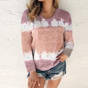 ESKNAS Womens Pullover Tops Autumn Color Block Tie-Dye Patchwork Print Long Sleeve T-Shirts Crew-Neck Sweatshirts(Pink,S)