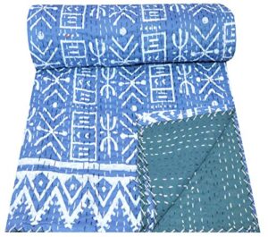maviss homes indian traditional handmade patchwork cotton super soft kantha quilt blanket | throw bedspread blanket | bedroom décor throw quilt |home décor blue