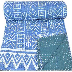 Maviss Homes Indian Traditional Handmade Patchwork Cotton Super Soft Kantha Quilt Blanket | Throw Bedspread Blanket | Bedroom Décor Throw Quilt |Home Décor Blue