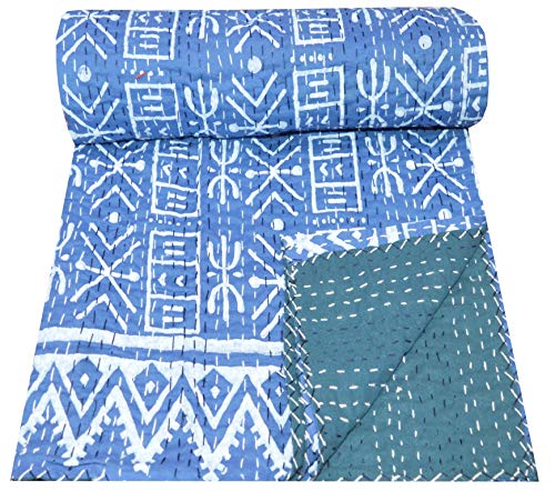 Maviss Homes Indian Traditional Handmade Patchwork Cotton Super Soft Kantha Quilt Blanket | Throw Bedspread Blanket | Bedroom Décor Throw Quilt |Home Décor Blue