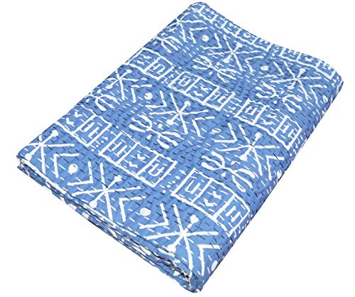 Maviss Homes Indian Traditional Handmade Patchwork Cotton Super Soft Kantha Quilt Blanket | Throw Bedspread Blanket | Bedroom Décor Throw Quilt |Home Décor Blue