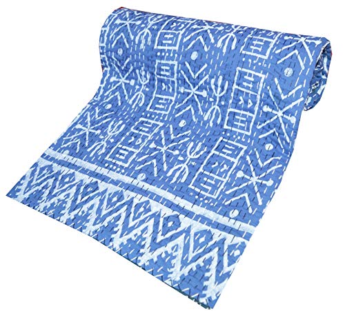 Maviss Homes Indian Traditional Handmade Patchwork Cotton Super Soft Kantha Quilt Blanket | Throw Bedspread Blanket | Bedroom Décor Throw Quilt |Home Décor Blue