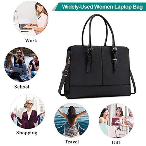 Laptop Bag for Women Leather Work Tote 15.6 Inch Laptop for Computer Bag Waterproof Business Office Professional Large Capacity Handbag Shoulder Bag Black